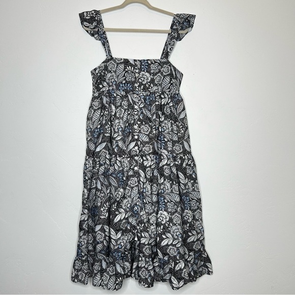 summersalt Dresses & Skirts - Summersalt Black White Blue Floral Midi Babydoll Dress Tiered Ruffle Hem Size M
